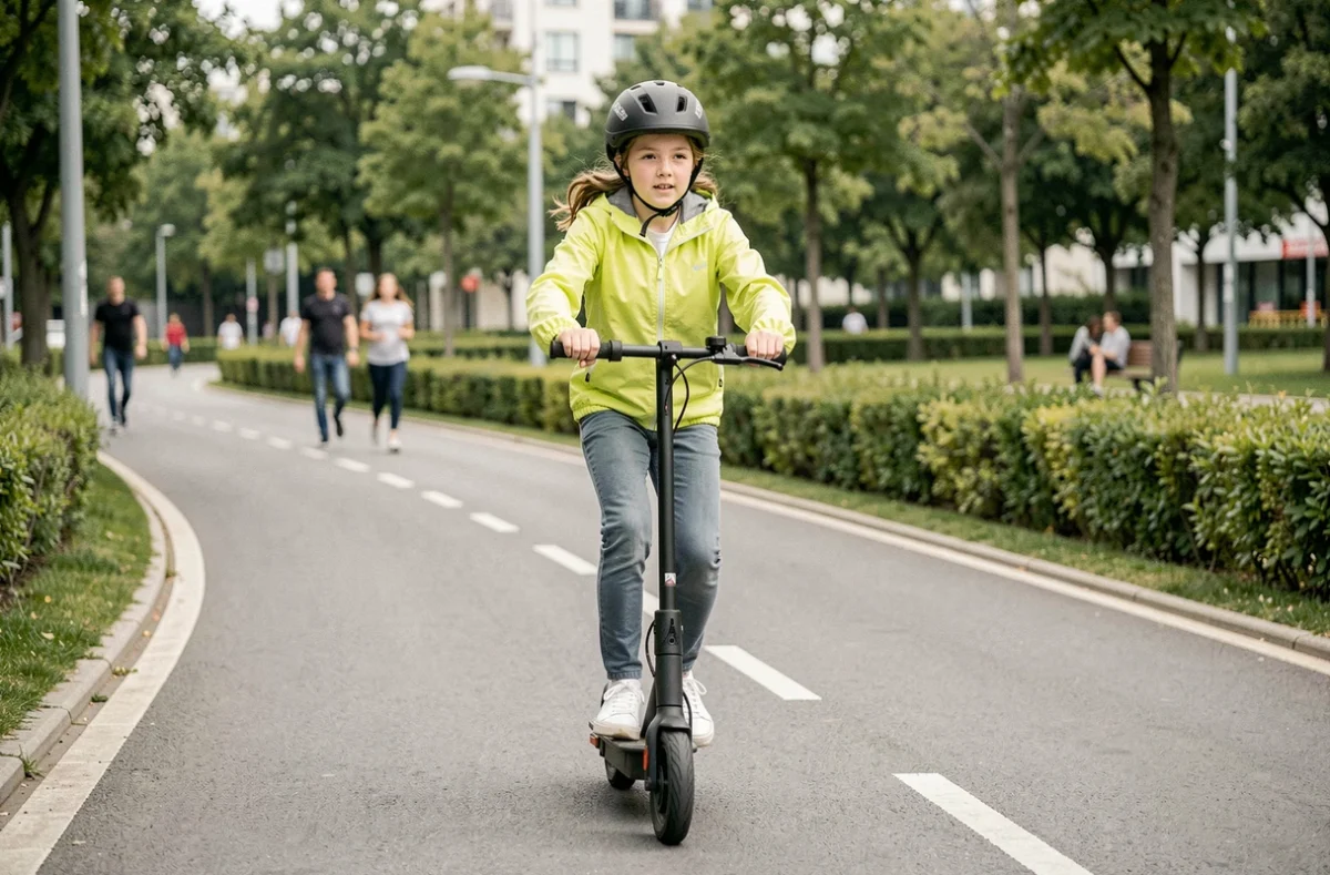 Adolescente en train de rouler à trottinette électrique sur une piste cyclable dans un parc urbain avec casque de sécurité