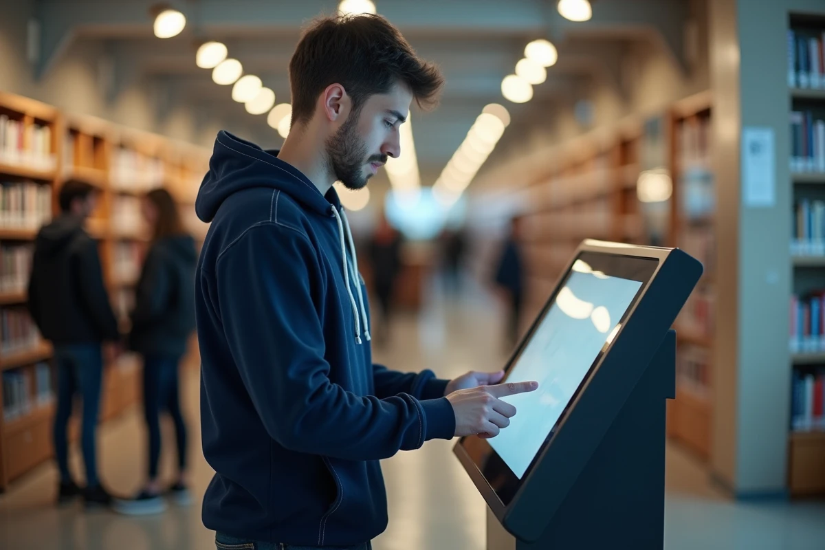 Jeune homme utilisant un kiosque numérique en bibliothèque pour rechercher une adresse officielle sans erreur