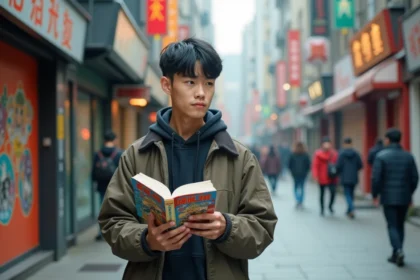 Jeune homme asiatique avec livre de manhua en ville