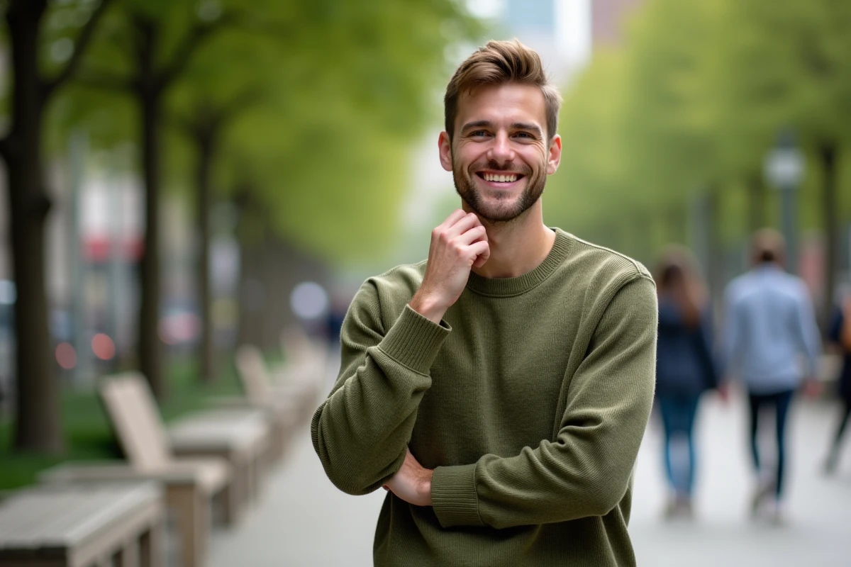 Jeune homme souriant dans un parc urbain en extérieur