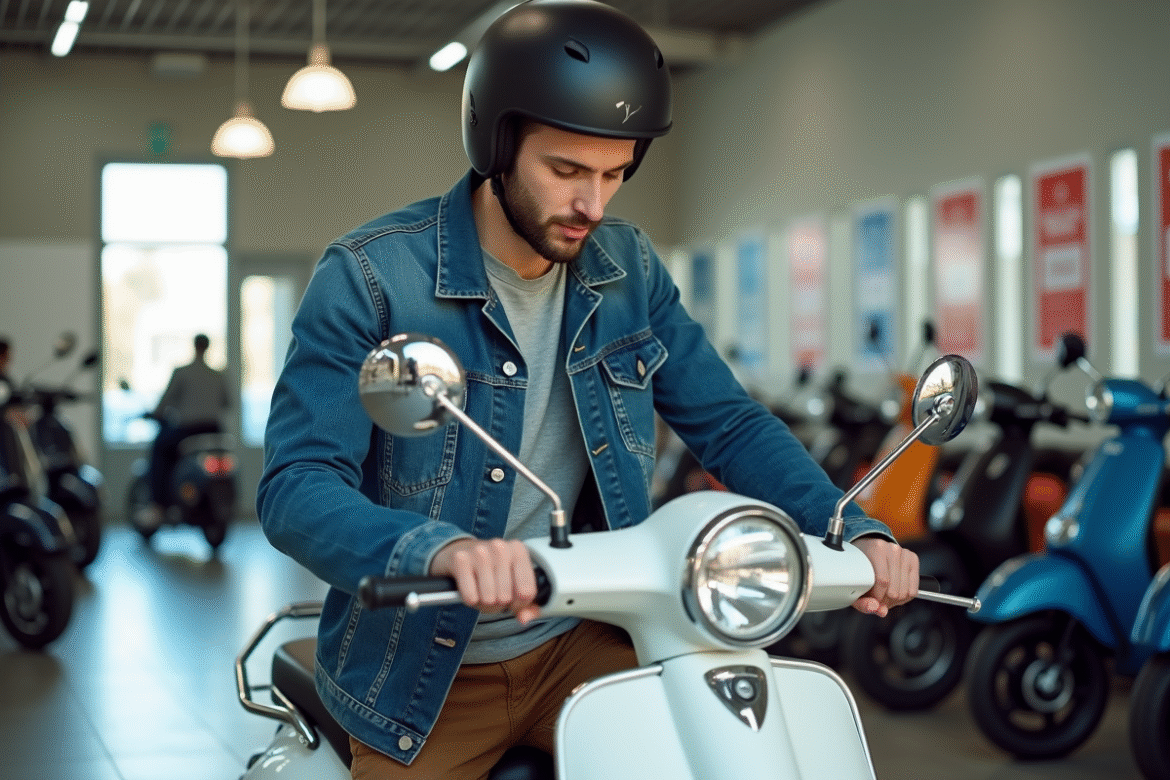 Jeune homme inspectant un scooter 50cc en concession