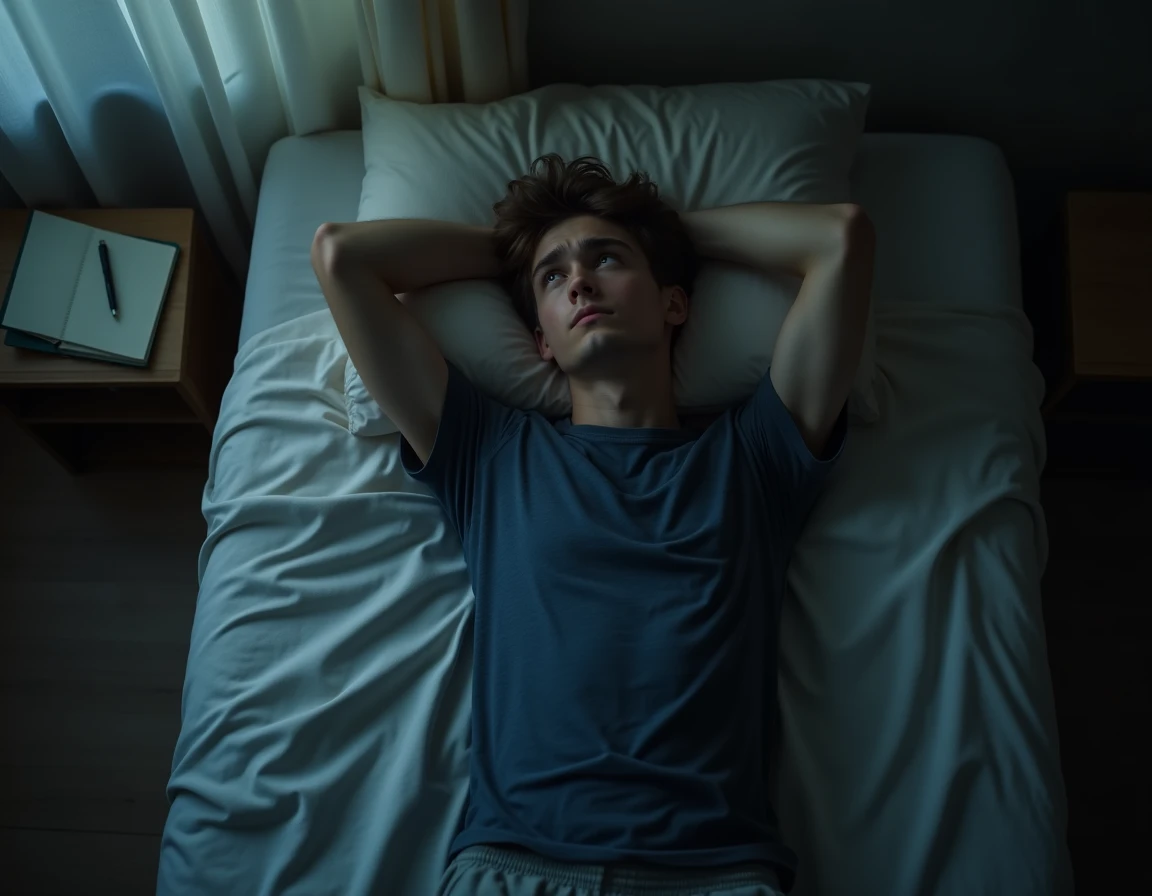 Jeune homme allongé seul sur son lit, regardant le plafond avec une expression de tristesse et d'isolement