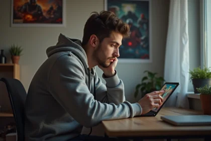 Jeune homme concentré jouant sur une tablette dans un appartement