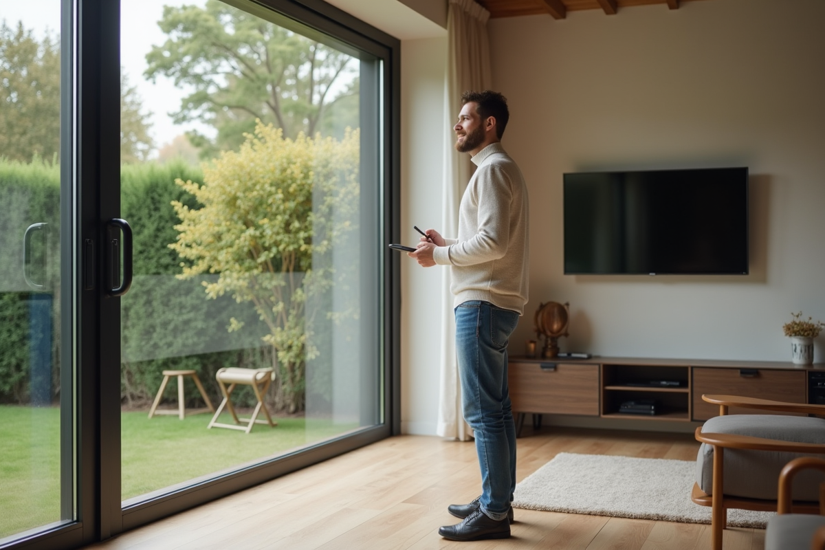 Jeune homme regardant par la fenêtre de son salon lumineux