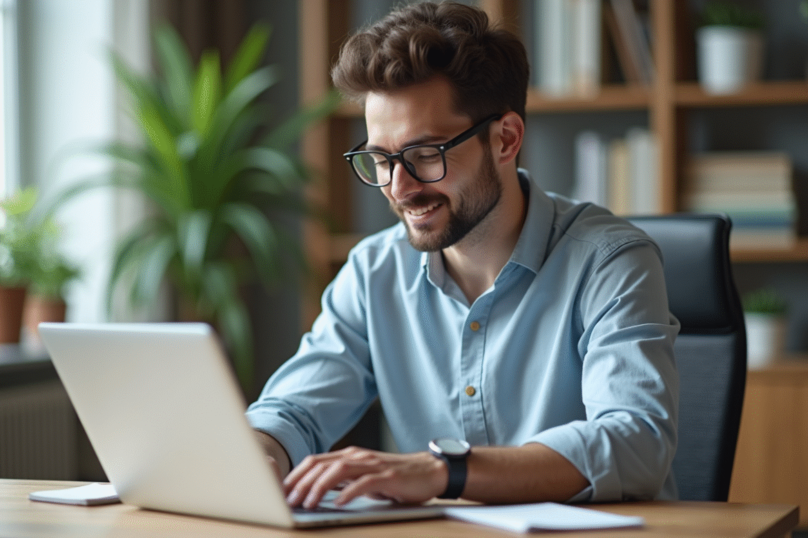 Jeune homme professionnel travaillant sur son ordinateur dans un bureau moderne