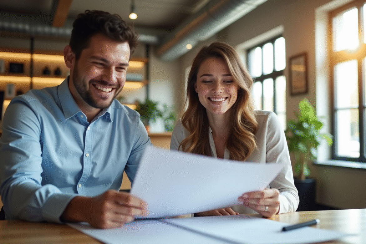 Jeune professionnel et femme discutant documents immobiliers