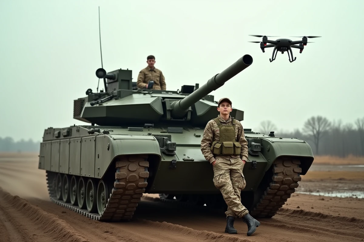 Jeune soldat en tenue de combat observant un drone au-dessus d’un char