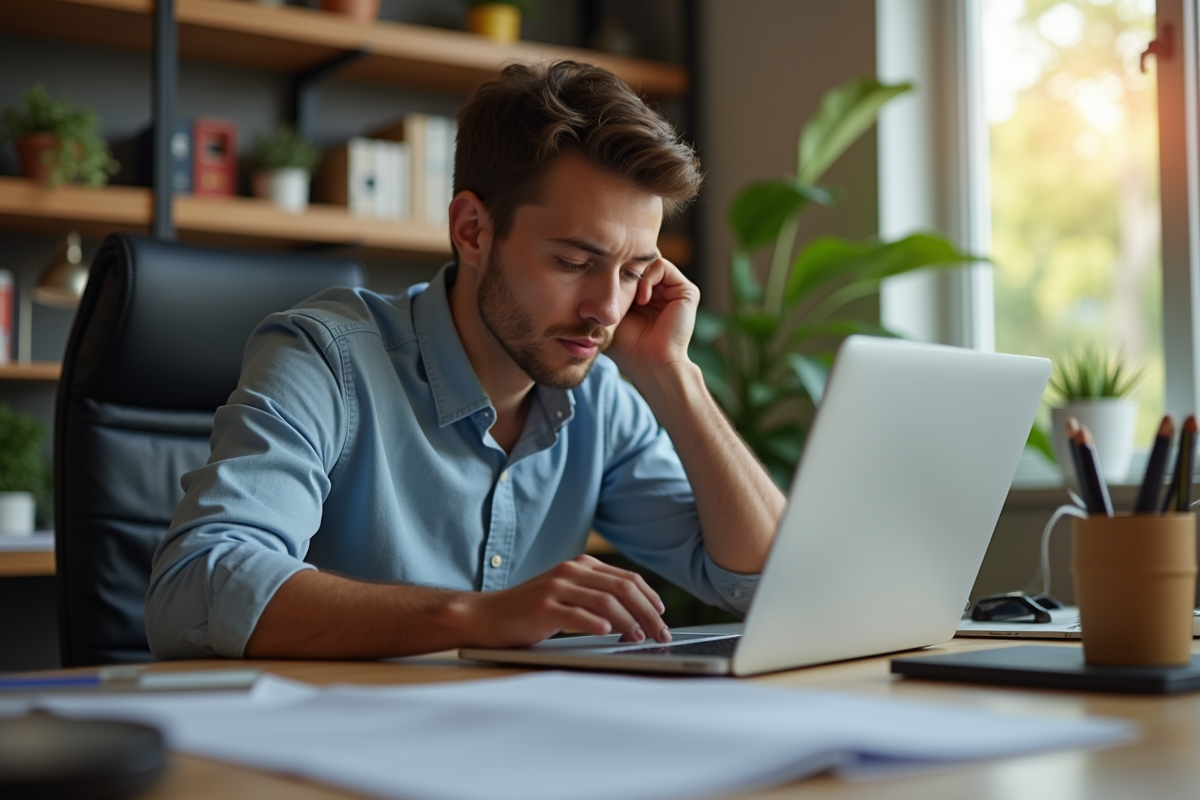 Jeune travailleur concentré à son bureau avec ordinateur portable