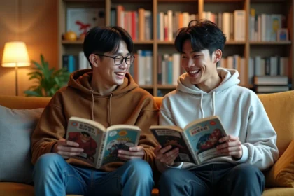 Deux jeunes adultes lisant manga sur un canapé cosy
