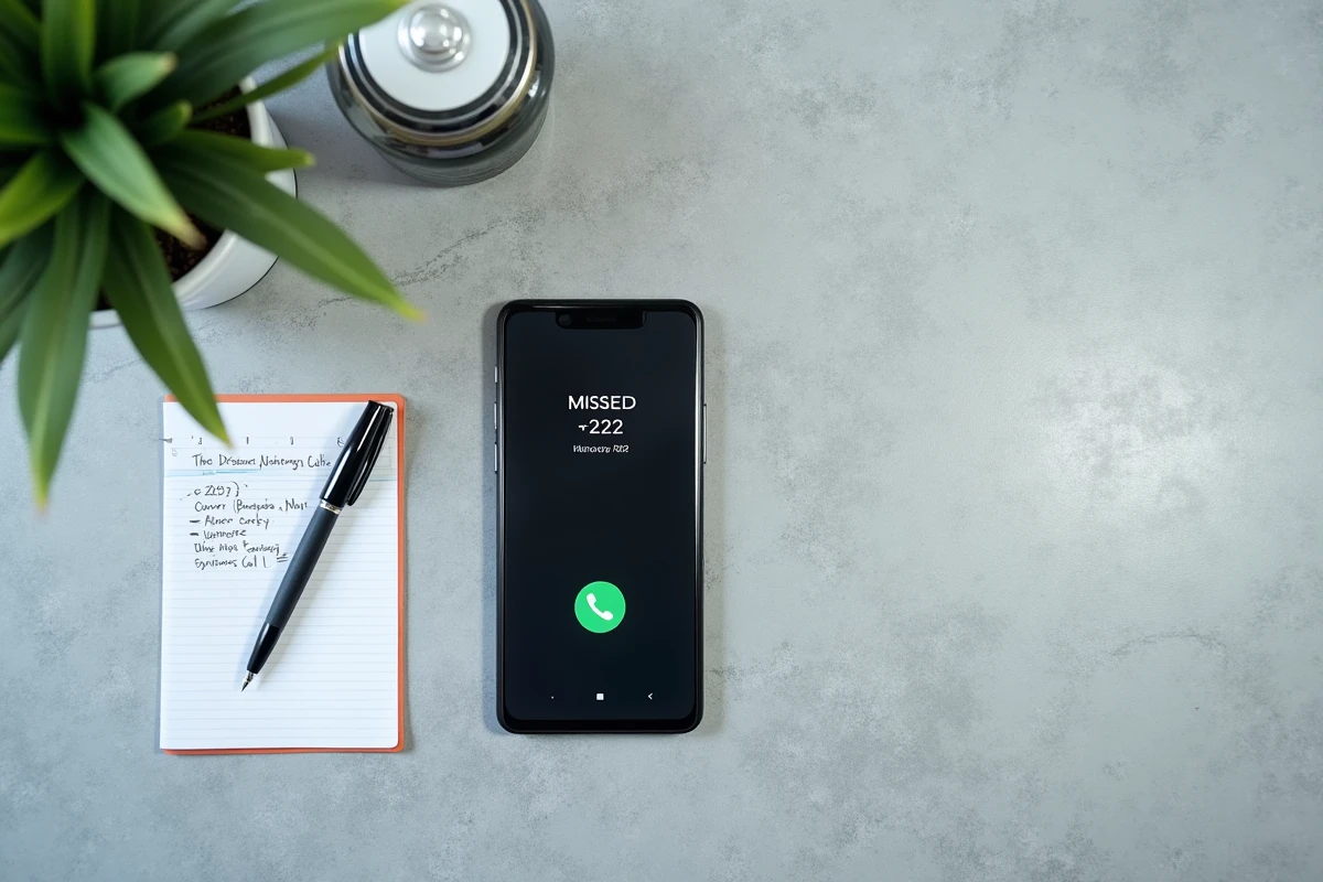 Journal d'appels manqués avec l'indicatif +212 affiché sur un smartphone posé sur un bureau avec un carnet de notes