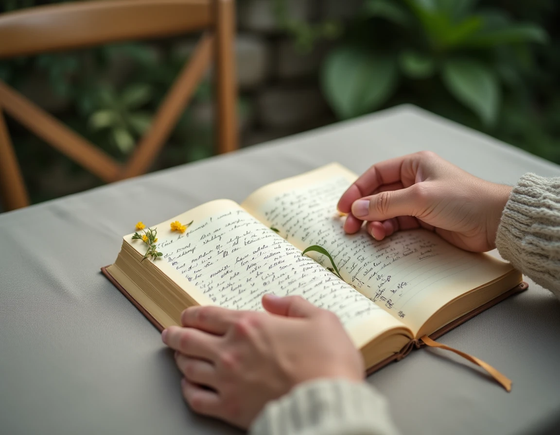 Deux mains, jeune et âgée, posées sur un journal de deuil manuscrit ouvert avec photos et fleurs séchées sur une table de jardin