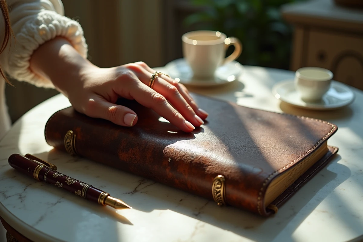 Main délicate avec journal et tasse en porcelaine