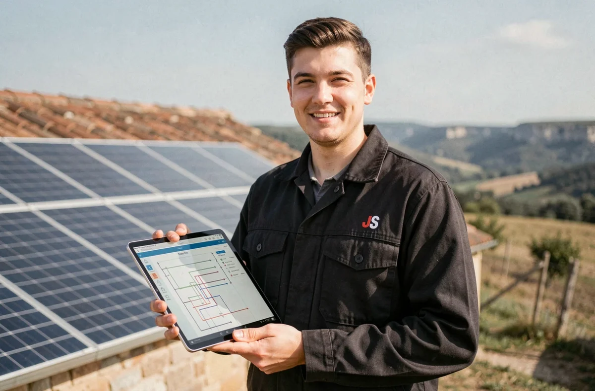 Électricien JS Électrique présentant une installation photovoltaïque sur une ferme en Ardèche