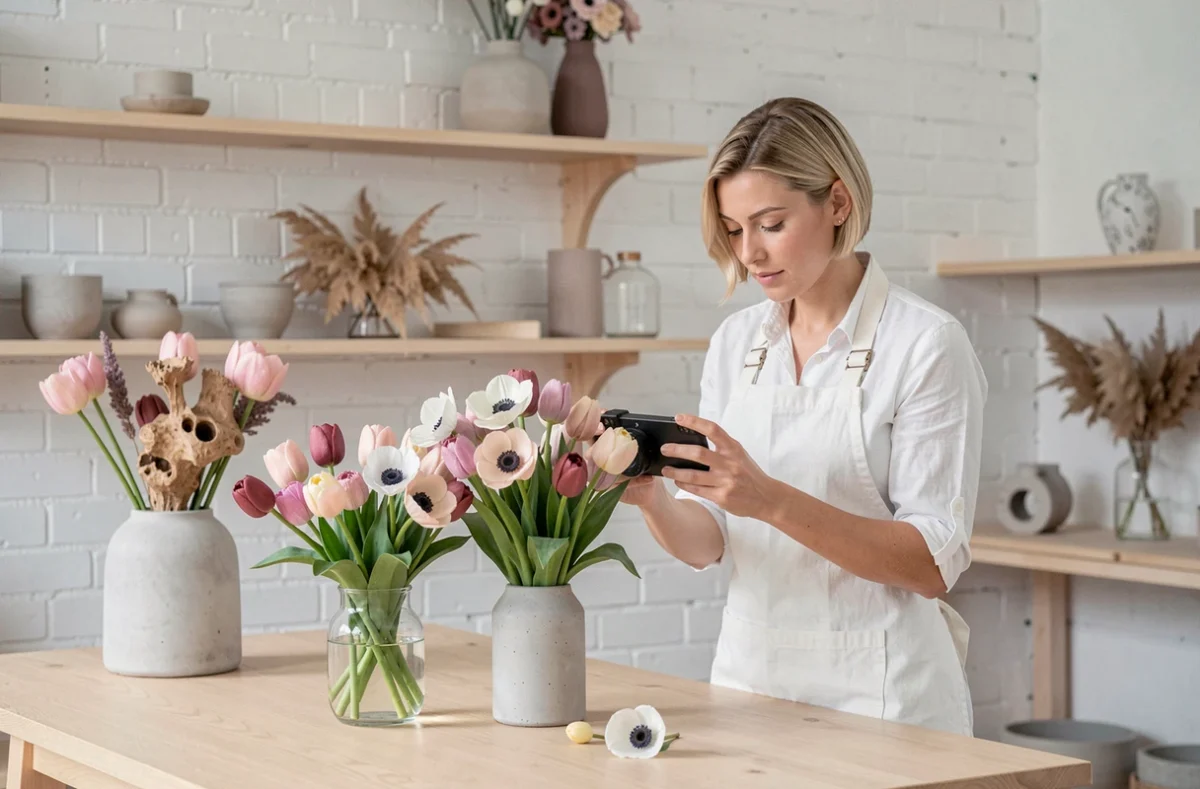 Studio floral L'Instant Bloem à Lacroix-Falgarde avec fleuriste photographiant une composition minimaliste dans un intérieur scandinave épuré