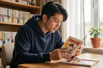 Jeune homme lisant un manga One Piece dans sa chambre, ambiance cozy et authentique
