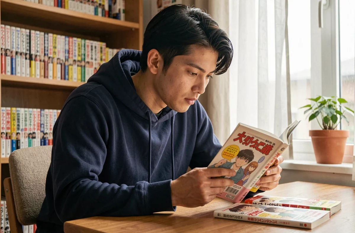 Jeune homme lisant un manga One Piece dans sa chambre, ambiance cozy et authentique