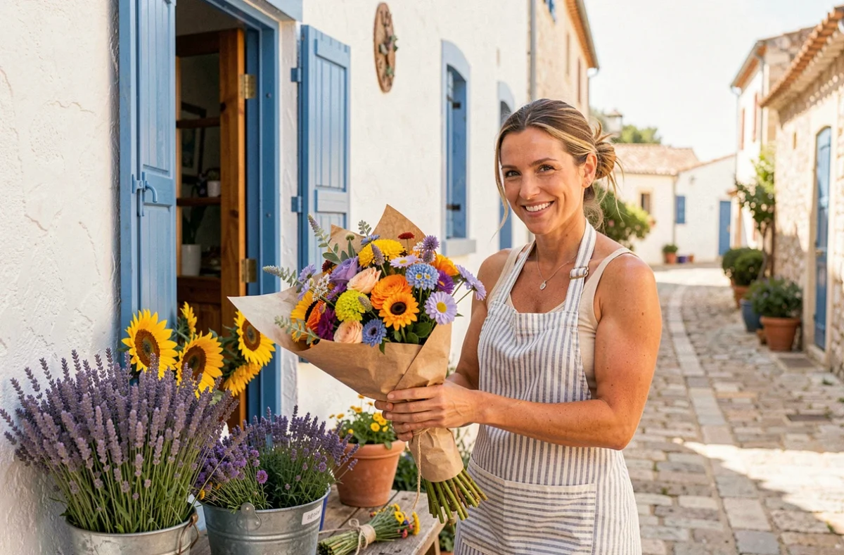 Fleuriste Les Fleurs de Lisa à Mèze avec bouquets de lavande et tournesols devant une boutique aux accents bleus méditerranéens