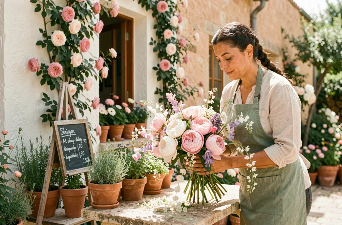 Les Jardins de Véronique à Sérignan avec fleuriste composant un bouquet romantique de pivoines et jasmin dans un jardin méditerranéen