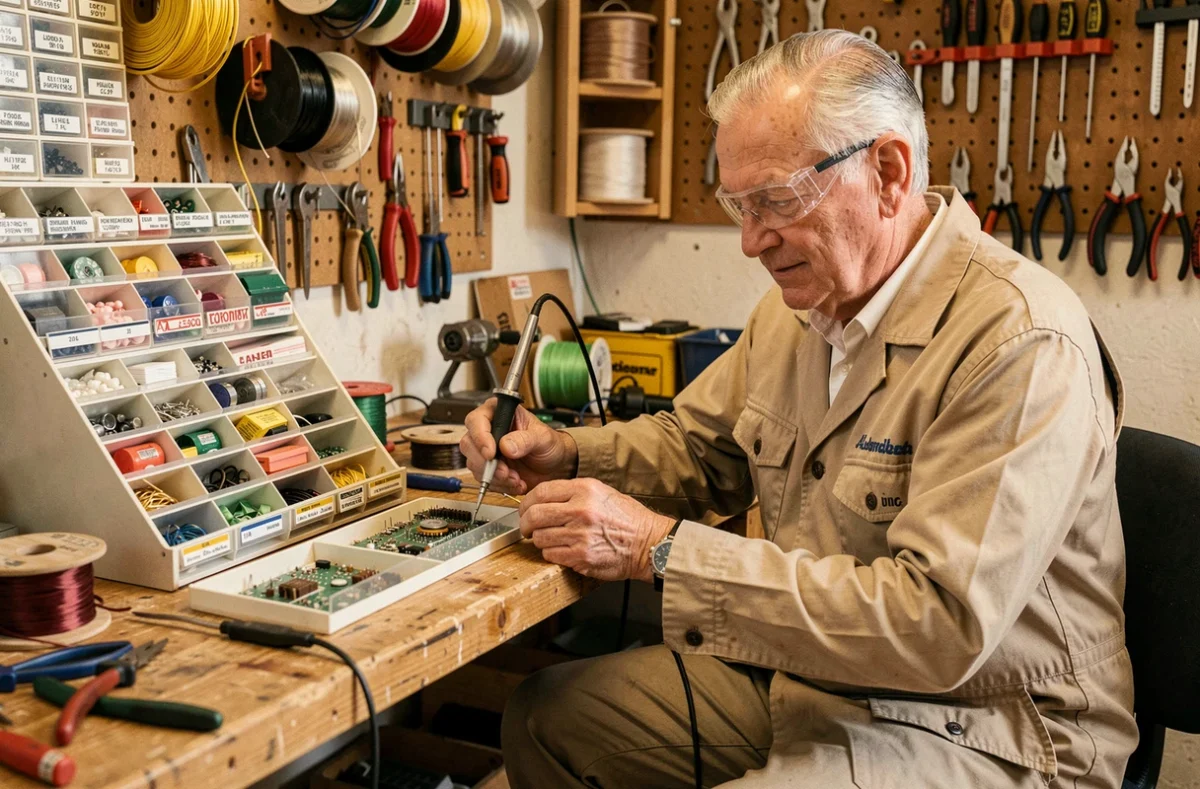 Lextrait Pierre Auguste, électricien artisan, travaillant à la soudure dans son atelier en Ardèche