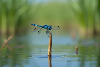 Libellule bleue posée sur un roseau au bord d'un étang calme, ailes translucides visibles en gros plan macro