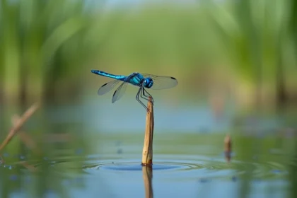 Libellule bleue posée sur un roseau au bord d'un étang calme, ailes translucides visibles en gros plan macro