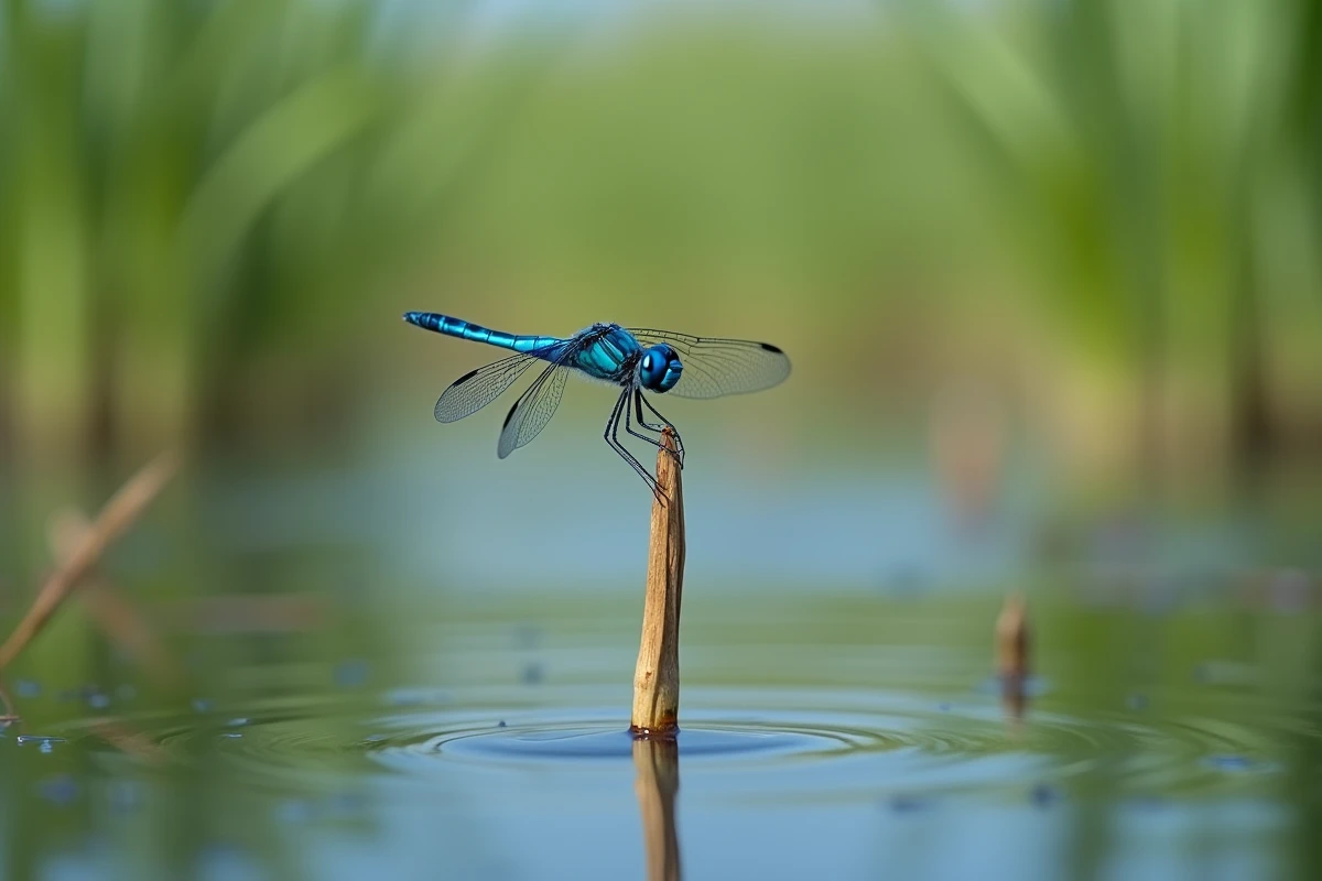 Libellule bleue posée sur un roseau au bord d'un étang calme, ailes translucides visibles en gros plan macro