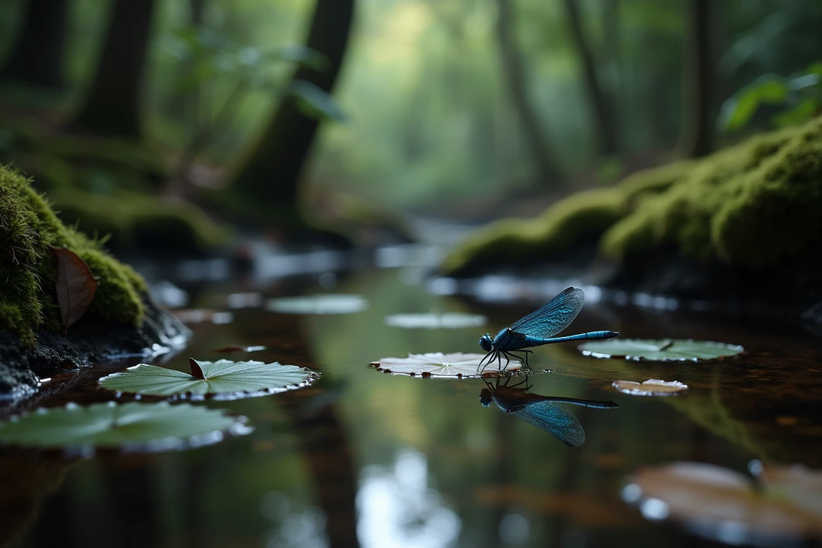 Libellule bleue en vol au-dessus d'un étang forestier sombre entouré de nénuphars et de feuilles flottantes