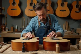 Luthier comparant deux guitares acoustiques sur un établi en bois dans un atelier artisanal