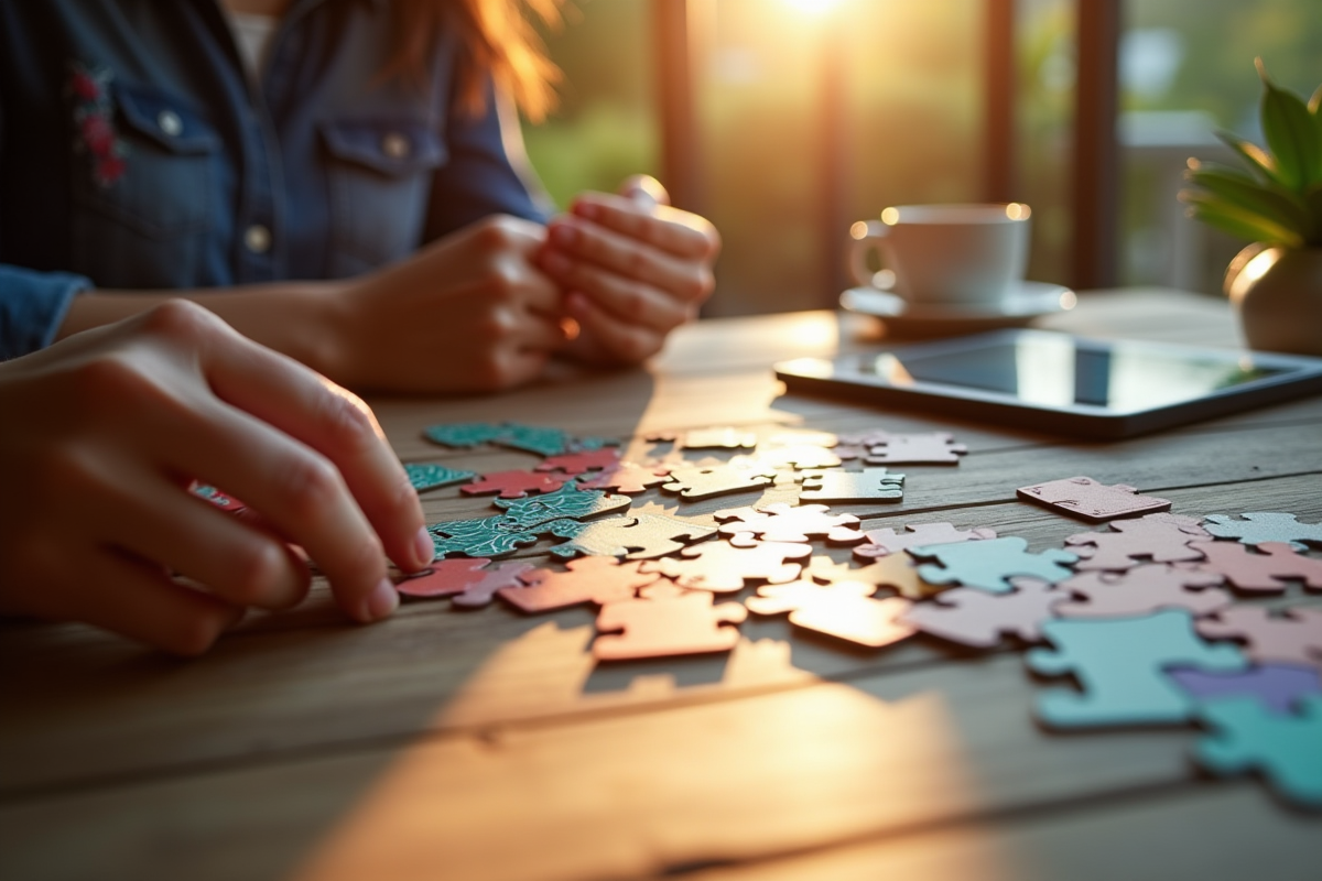 Mains manipulant un puzzle coloré avec une tasse de café et une tablette