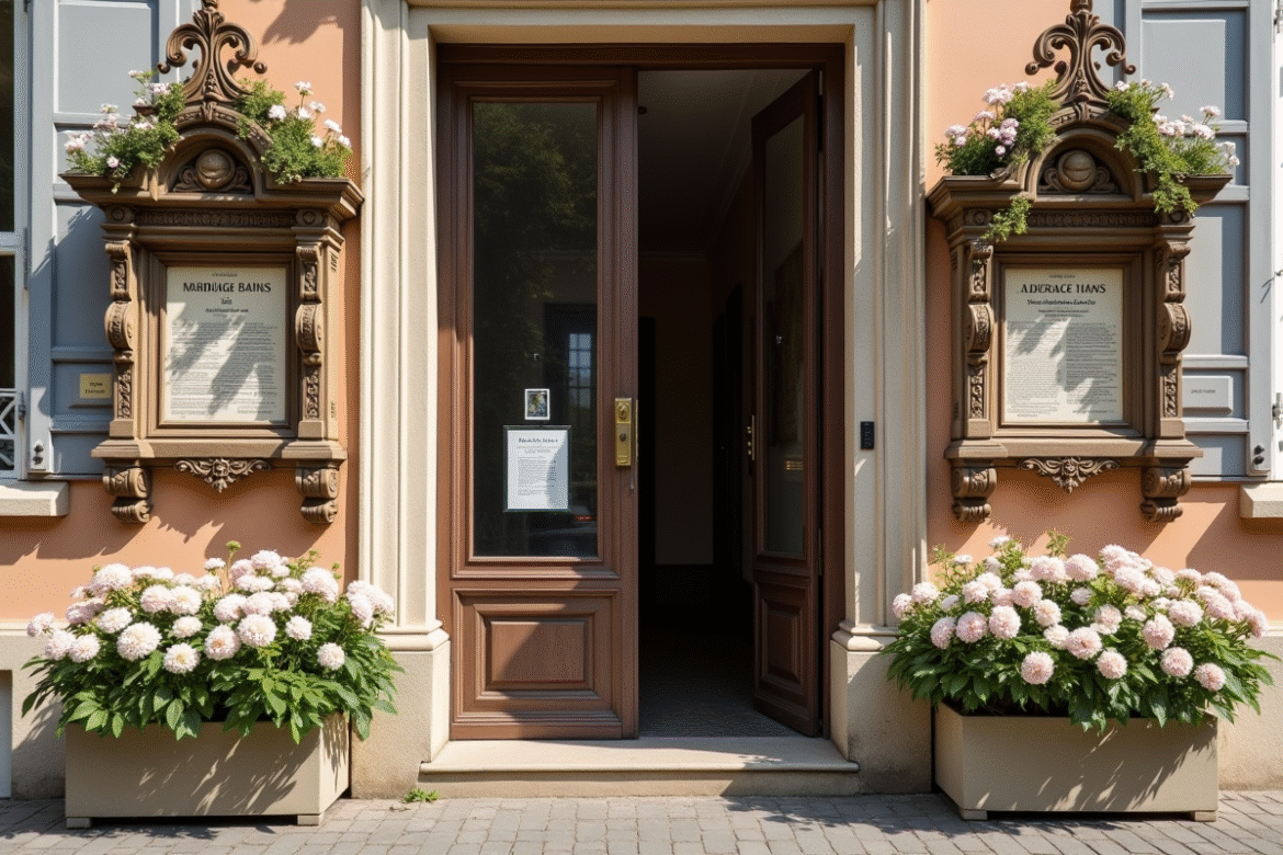 Entrée d'une mairie ancienne avec panneau d'affichage mariage décoré de fleurs