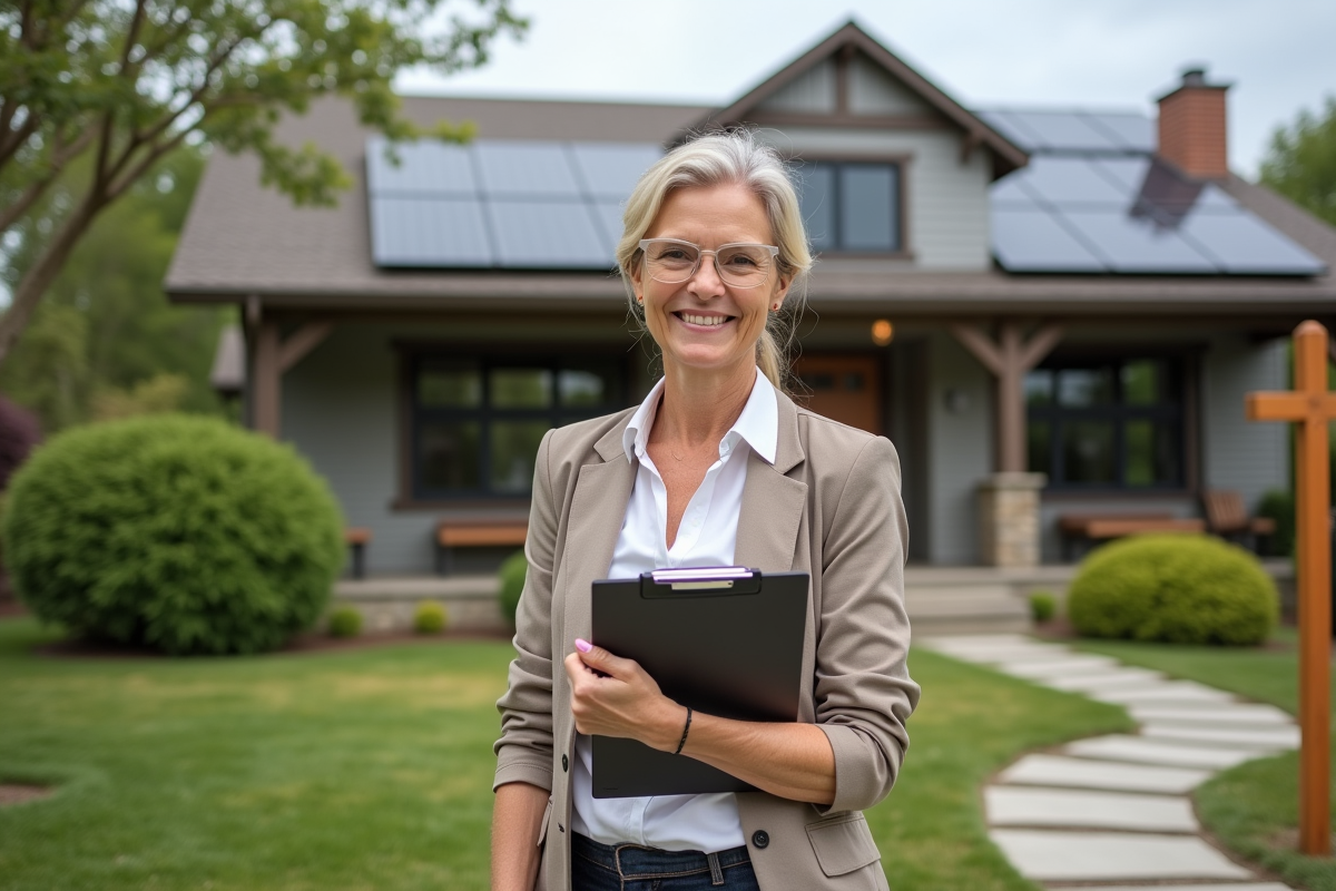 Femme souriante devant maison écologique avec panneaux solaires