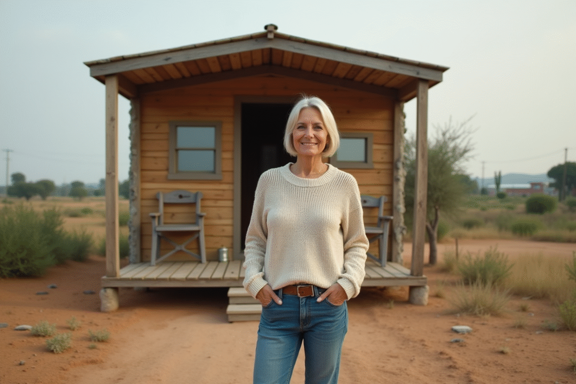 Femme devant une maison en matériaux recyclés