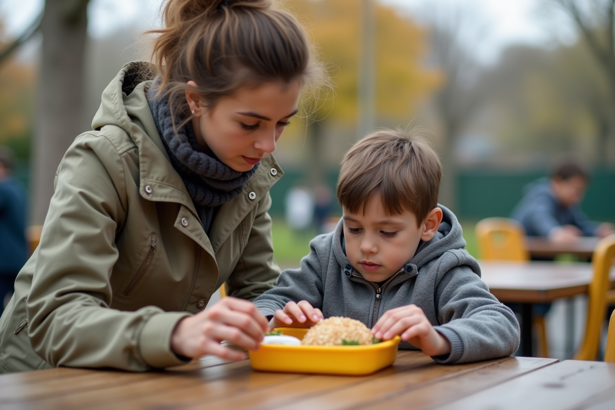 Maman prépare le déjeuner de son enfant à la table de jeu extérieur