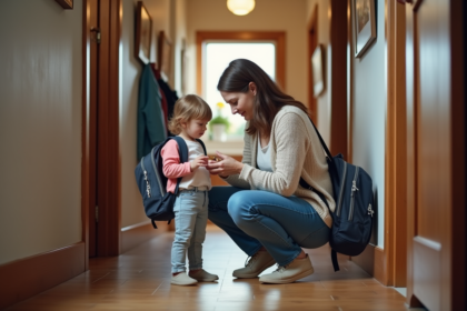 Maman et fille organisent le sac à dos dans un couloir chaleureux