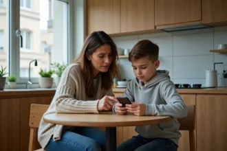 Maman et fille discutent près du smartphone dans la cuisine