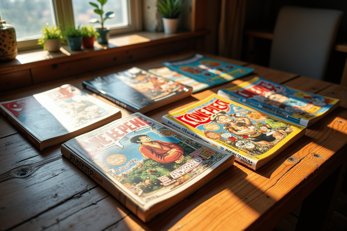 Collection de mangas One Piece rares et magazines spéciaux sur une table en bois