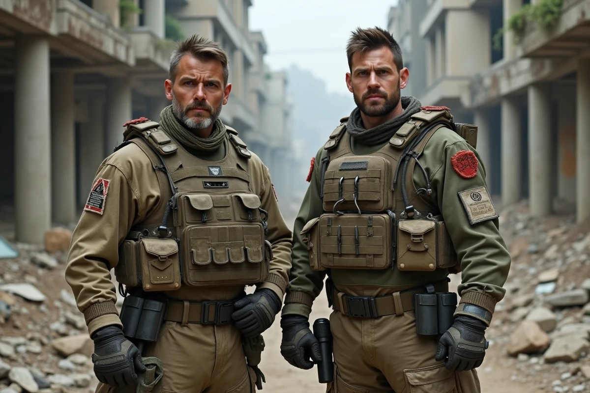Deux soldats en armure militaire usée debout côte à côte dans une ville en ruines, illustrant la bromance de Marcus et Dom dans Gears of War E-Day
