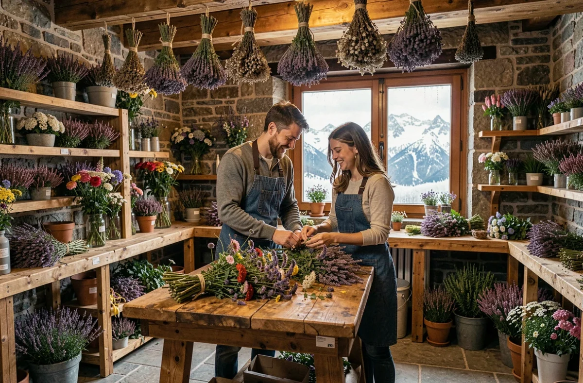 Duo de fleuristes Mat et Lena à Cauterets dans leur boutique en pierre avec fleurs sauvages pyrénéennes et vue sur les montagnes