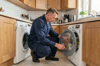 Technicien professionnel réparant un lave-linge dans une cuisine française moderne, illustrant les meilleurs dépanneurs d'électroménager en Nouvelle-Aquitaine