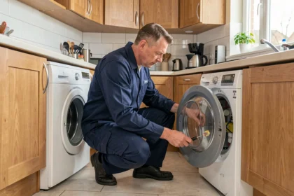 Technicien professionnel réparant un lave-linge dans une cuisine française moderne, illustrant les meilleurs dépanneurs d'électroménager en Nouvelle-Aquitaine