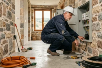 Électricien professionnel travaillant sur un tableau électrique dans un bâtiment résidentiel en Ardèche