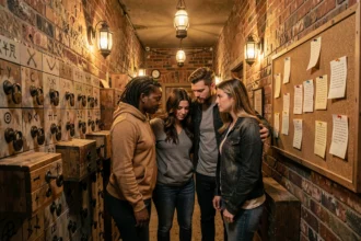Groupe d'adultes explorant une salle d'escape game immersive avec des énigmes et des cadenas dans un décor vintage