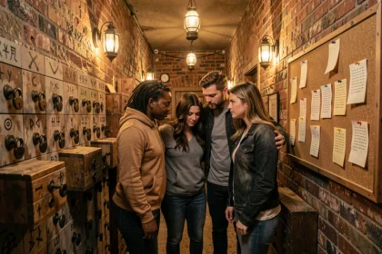Groupe d'adultes explorant une salle d'escape game immersive avec des énigmes et des cadenas dans un décor vintage