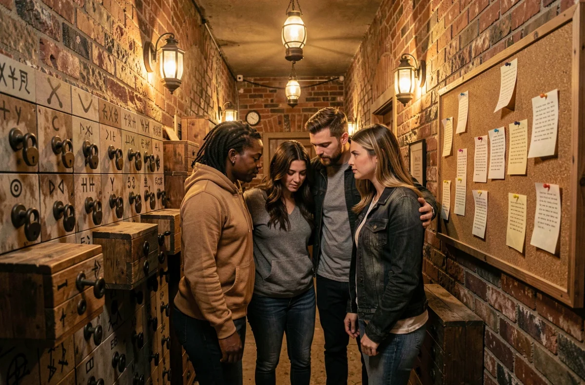Groupe d'adultes explorant une salle d'escape game immersive avec des énigmes et des cadenas dans un décor vintage