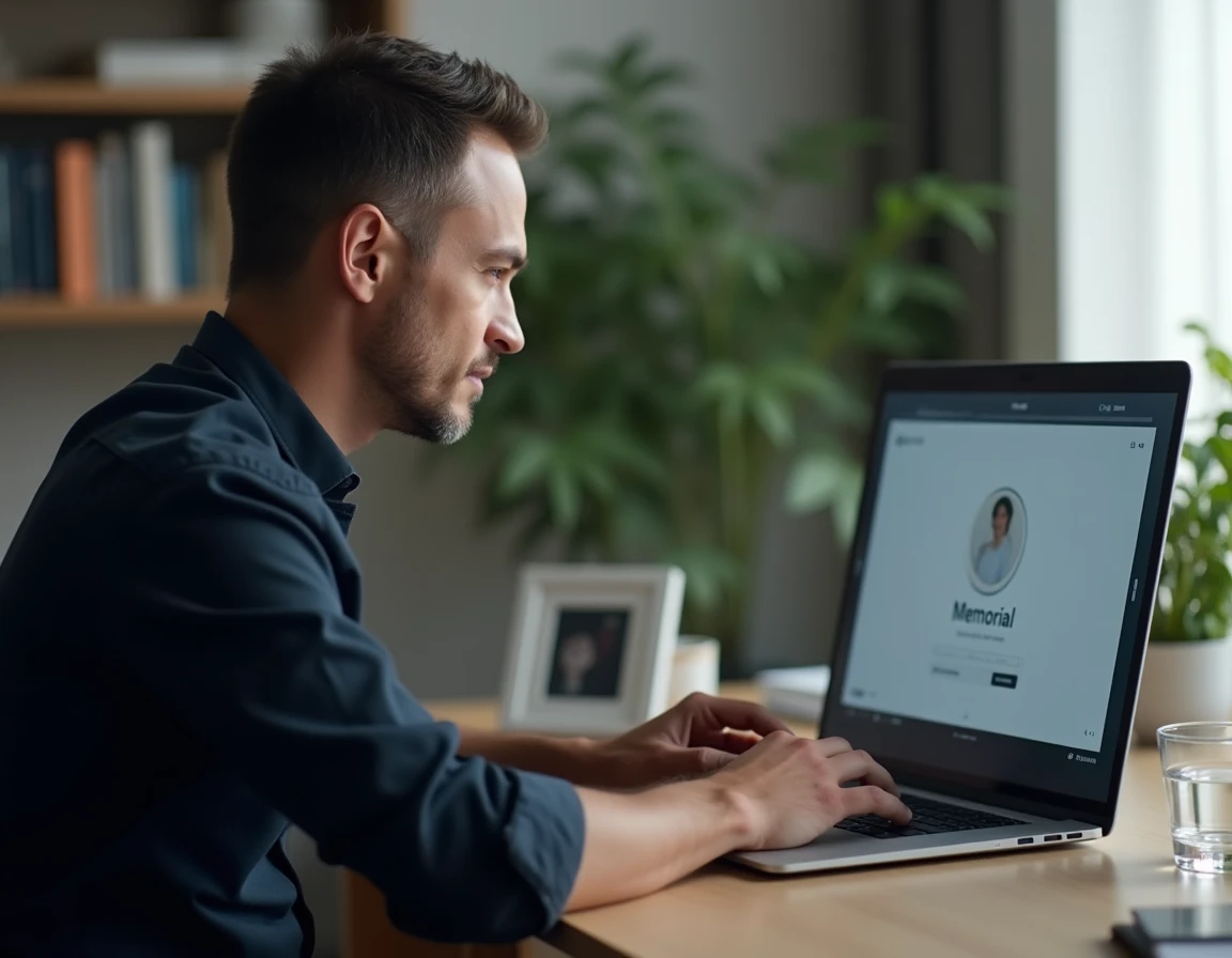 Homme consulant un service de mémorial numérique sur ordinateur portable dans un bureau minimaliste, expression recueillie