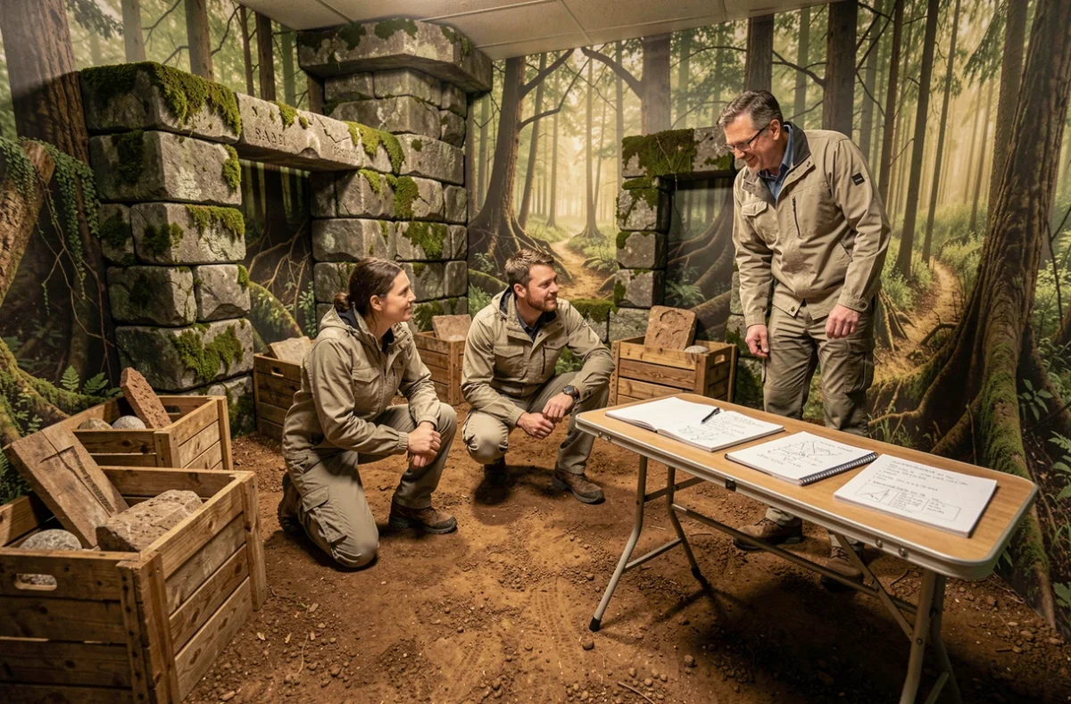 Trois aventuriers fouillant des artefacts dans une salle aux décors archéologiques forestiers de Mimesis Aventure à Lyon