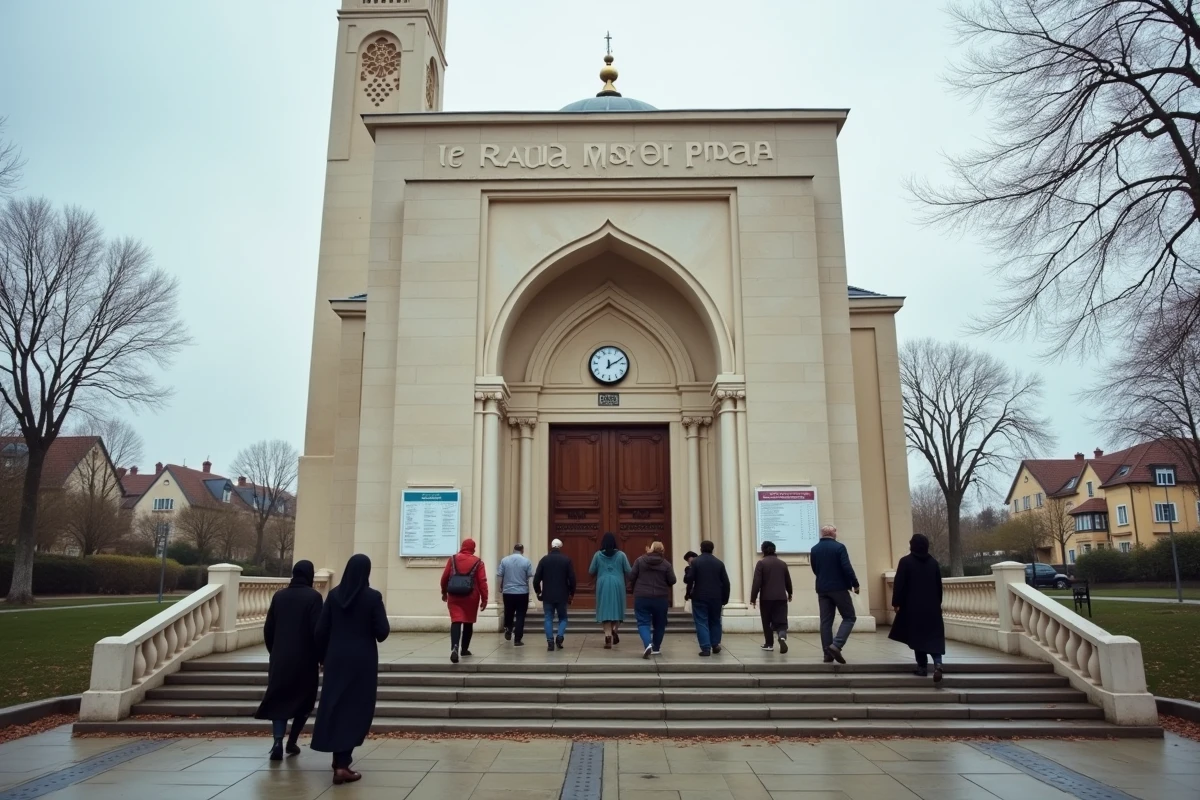 Façade de mosquée à Mantes-la-Jolie avec horloge des prières et calendrier hégirien affiché à l'entrée