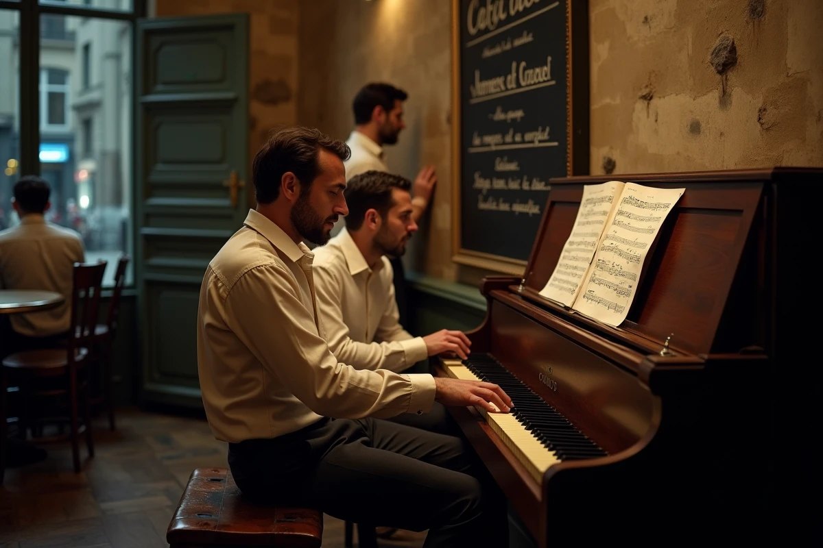 Musiciens français des années 60 composant autour d'un piano droit dans l'arrière-salle d'un café parisien
