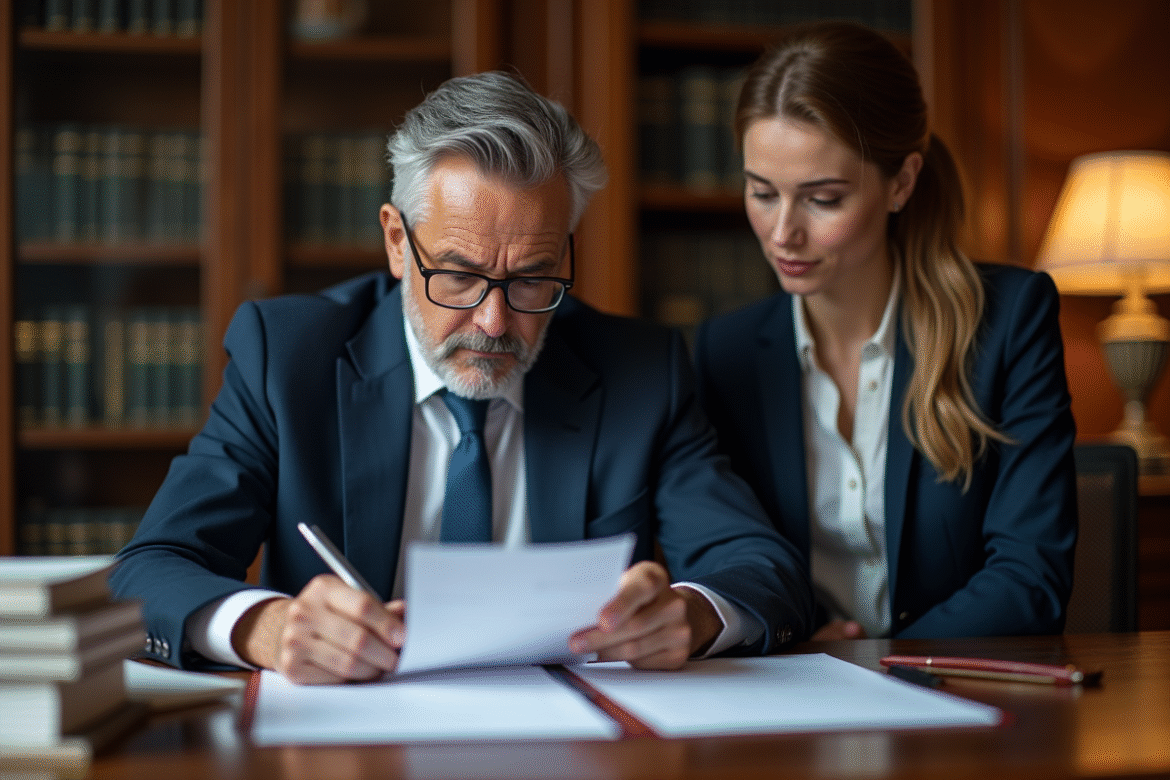 Notaire homme en costume vérifiant des documents immobiliers