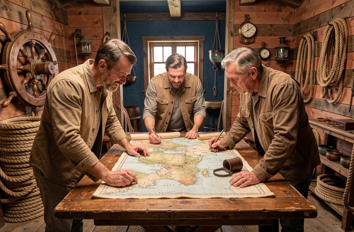 Groupe de joueurs autour d'une carte nautique ancienne dans la salle aux décors maritimes grecs de l'escape game Odysseus à Lyon